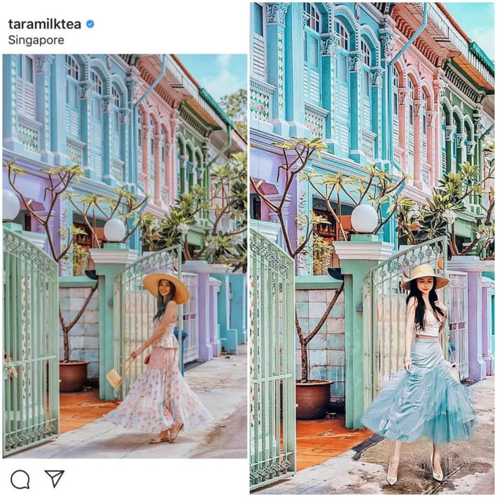 Bức ảnh Mina Phạm đăng tải check-in tại Singapore giống với khung cảnh của @taramilktea trước đó.