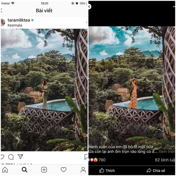 Nhiều người nghi ngờ Mina Phạm lấy ảnh của tài khoản Instagram @taramilktea, xóa hình nhân vật chính và photoshop bằng hình của mình, chỉ giữ lại khung cảnh.