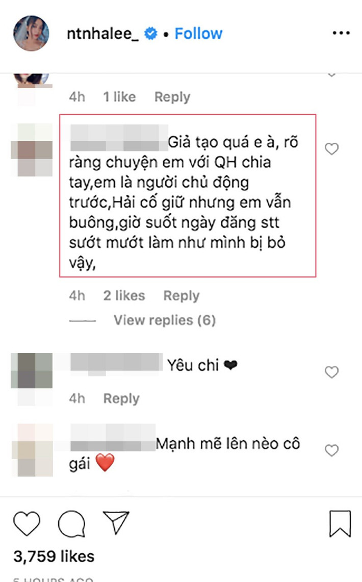 Về phía Nhật Lê, cô nàng liên tục đăng tải những dòng trạng thái đau buồn, thể hiện sự tiếc nuối với những chuyện đã xảy ra. Nhiều lần, bạn gái cũ Quang Hải bị người hâm mộ và bạn bè "bóc phốt" cho rằng cố tình tỏ ra đáng thương trong khi cô là người đòi chia tay.