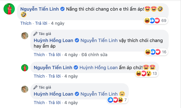Tiền đạo Becamex Bình Dương không ngần ngại khen ngợi Huỳnh Hồng Loan ấm áp bên dưới bức ảnh mà cô nàng đăng tải.