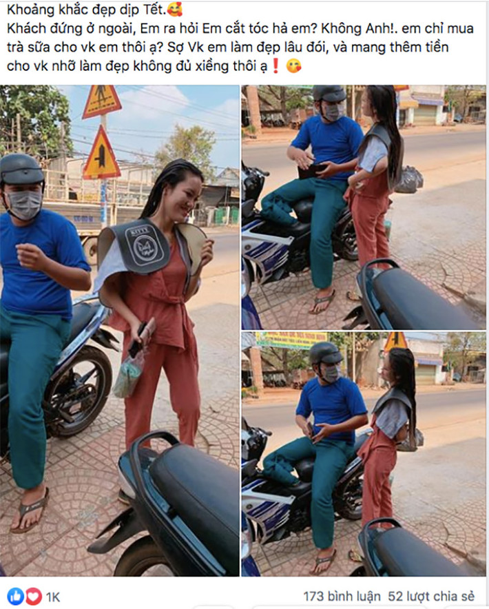 Mới đây, hình ảnh và câu chuyện về "chồng nhà người ta" được người dùng mạng xã hội chia ào ào. Theo đó, người chồng kiên nhẫn đứng đợi ở bên ngoài, khi được hỏi thì anh này cho biết vợ đang làm tóc đón Tết ở bên trong, sợ vợ đói nên mua trà sữa ship qua tận nơi.