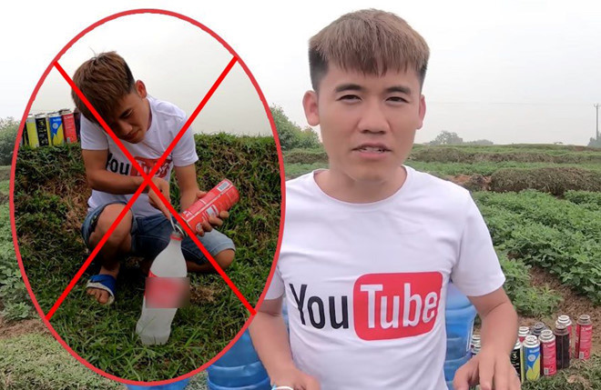 Để làm được ra tên lửa nước, con trai bà Tân Vlog chuẩn bị hàng chục bình gas mini cùng chai và bình nước. Sau đó, anh tiến hành chiết gas từ bình ra chai. 