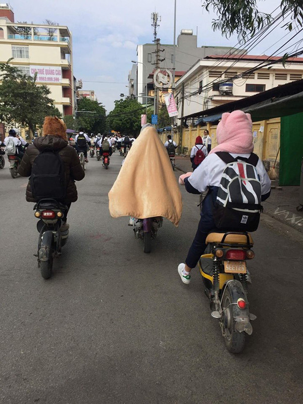 Với chiếc áo khoác đồng phục mỏng dính thì vài ba cái áo len bên trong cũng không ấm thêm được là bao, giải pháp duy nhất chính là...quấn luôn cả chăn đi học mà thôi.