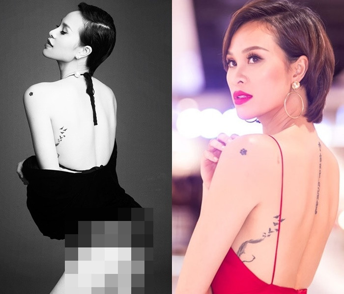 MC Phương Mai với hình xăm dòng chữ dọc sống lưng với ý nghĩa "Ngọc trong sen, phật trong tâm" giúp nữ MC thêm gợi cảm khi diện những trang phục hở lưng táo bạo mà không gây phản cảm.