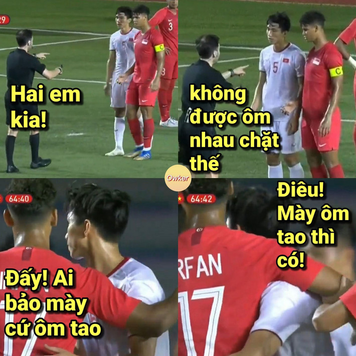 Thể hiện tình bạn hữu, ôm ấp nhau một chút thôi mà trọng tài cũng gọi Văn Hậu và đội trưởng U22 Singapore ra nhắc nhở.