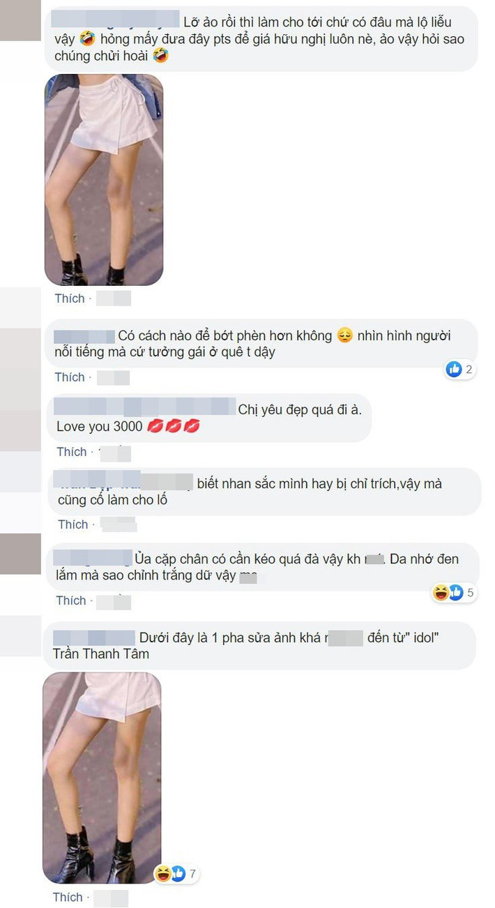 Phần ảnh bị chỉnh sửa quá đà làm chân của Trần Thanh Tâm bị lõm đã được dân mạng zoom kỹ vào và đưa ra nhiều chỉ trích hướng về hot girl này .
