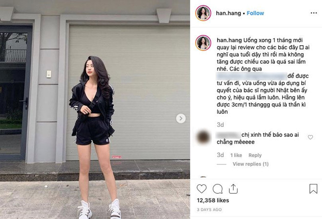Cách đây chưa lâu, trên trang cá nhân, Hàn Hằng đăng quảng cáo thuốc tăng chiều cho cho hiệu quả tăng đến 3cm/tháng. Nhưng sau đó bị dân mạng vào bóc phốt chiều cao thật.