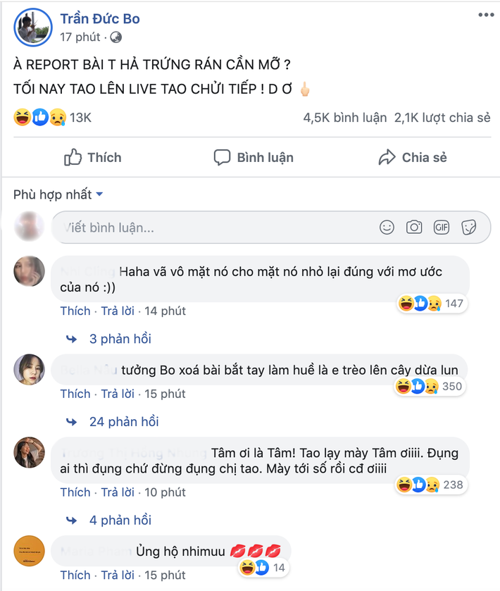 Mặc kệ những lời giải thích của Thanh Tâm, Trần Đức Bo cho biết bài viết của anh đã bị ai đó báo cáo nên buộc phải xóa, chính bởi vậy anh chàng sẽ tiếp tục livestream để nói về việc này.