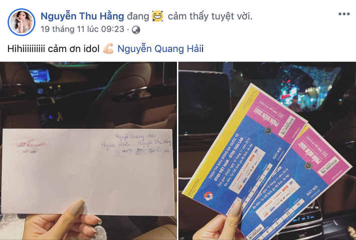 Trước đó, trên trang cá nhân của Thu Hằng chia sẻ hình ảnh hai chiếc vé xem trận Việt Nam - Thái Lan. Được biết hai tấm vé này được đích thân Quang Hải gửi tặng.