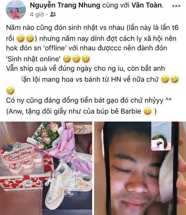 Mới đây, do sinh nhật đúng vào thời gian cách ly toàn xã hội nên Trang Nhung và Văn Toàn chỉ có thể đón ngày đặc biệt từ xa. Cầu thủ gửi tặng quà, hoa và bánh đến tận nhà.