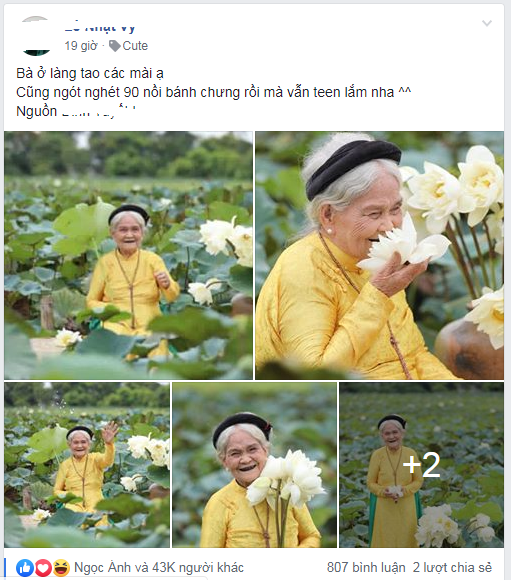 Chắc hẳn, CĐM đã không còn quá mặn mà tới những bộ ảnh được chụp bên hồ sen của các cô nàng xinh đẹp, trẻ trung với nét tạo dáng đằm thắm hay sexy nữa. Nhưng mới đây, chùm ảnh của cụ bà 90 tuổi chụp với hoa sen lại khiến cư dân mạng được phen trầm trồ vì độ "teen hóa" của bà lão. (Ảnh: Không sợ chó).