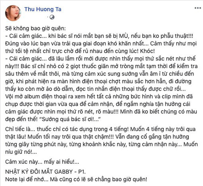 Theo đõ, MC Thu Hương khiến nhiều người phải bàng hoàng khi tiết lộ chuyện bị bệnh nặng về mắt. Cô cho biết, bác sĩ khuyên mổ nếu không cô có khả năng sẽ bị mù cả hai mắt.
