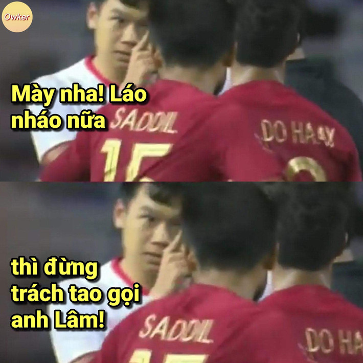 Thành Chung có pha va chạp cực gắt với các cầu thủ đội bạn. Hình ảnh chỉ tay cảnh cáo đối thủ khiến người hâm mộ nhớ đến Trọng "sơ vin".