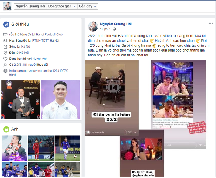 Thông tin cầu thủ Quang Hải bị hack tài khoản Facebook hơn 2 triệu người theo dõi vẫn đang là chủ đề được cư dân mạng bàn luận xôn xao. Theo đó, loạt tin nhắn riêng tư của cầu thủ này bị tung ra đề cập đến chuyện yêu đương, hẹn hò với nhiều cô gái.