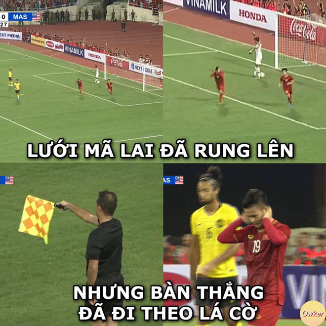 Dù đã làm rung lưới Malaysia nhưng bàn thắng của Quang Hải lại cuốn bay theo lá cờ của vị trọng tài biên khi ông này bắt lỗi việt vị. Ảnh: Fandom Owker.