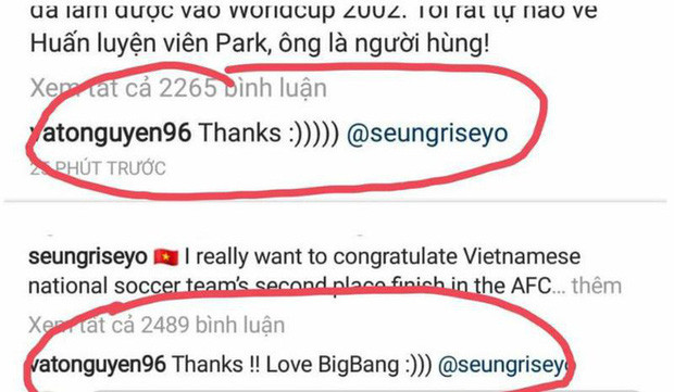 Khi Seungri chúc mừng đội tuyển Việt Nam, tiền đạo Văn Toàn đã vội vàng xuất hiện để cảm ơn.