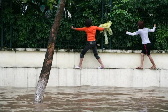Cách di chuyển để tránh phải lội nước trong những ngày lũ lịch sử, đó là leo bờ tường như thế này.