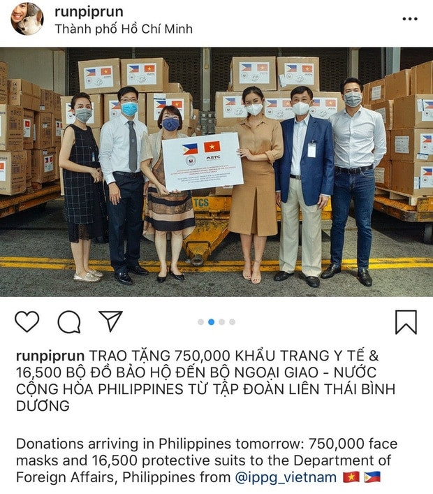 Rich kid Tiên Nguyễn, Phillip Nguyễn và bố là Johnathan Hạnh Nguyễn ngay tập tức có động thái ủng hộ 750.000 chiếc khẩu trang và 16.500 bộ trang phục bảo hộ cho Philippines.