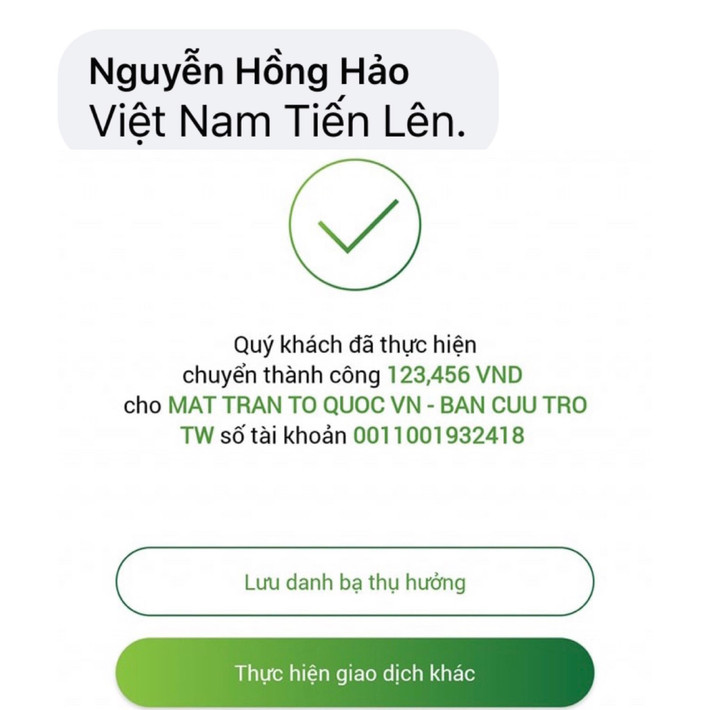 Với những người phong thủy thì chuyển tiền cũng phải là một con số đẹp. "123456" với ý nghĩa Việt Nam tiến lên, quyết thắng đại dịch Covid-19.