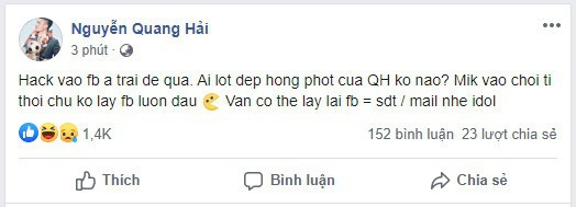 Sáng 23/6, tài khoản Facebook của Quang Hải bị hacker xâm nhập. Người này đăng những tin nhắn của tiền vệ ĐTQG Việt Nam và một người anh thân thiết lên mạng xã hội.