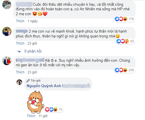 Bên dưới phần bình luận, rất nhiều người lên tiếng cổ vũ, động viên tinh thần mẹ trẻ: "Thôi, người nổi tiếng không tránh khỏi dính tin đồn xàm. Gia đình yêu thương nhau, em bé chào đời khỏe mạnh là vui rồi", "Sao nhiều người ác mồm thế, mẹ thì đang mang bầu, bố thì chấn thương nghiêm trọng mà vẫn bịa đặt thế được".