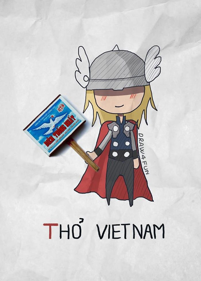 Tự nhận là một fan bự của bộ phim bom tấn "Biệt đội báo thù", Quang Huy đã dùng chất liệu sáng tạo là những vật dụng cực kỳ quen thuộc, có phần gợi những kỷ niệm xưa cũ của đất nước thời kỳ còn khó khăn để làm nên những tác phẩm sinh động, ăn theo các nhân vật trong bộ phim nổi tiếng.