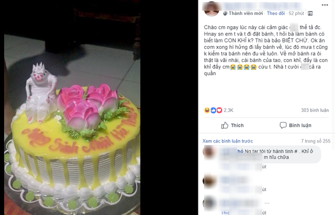 Đặt chiếc bánh kem hình con khỉ nhưng người bán hàng nghe nhầm thành con quỷ.