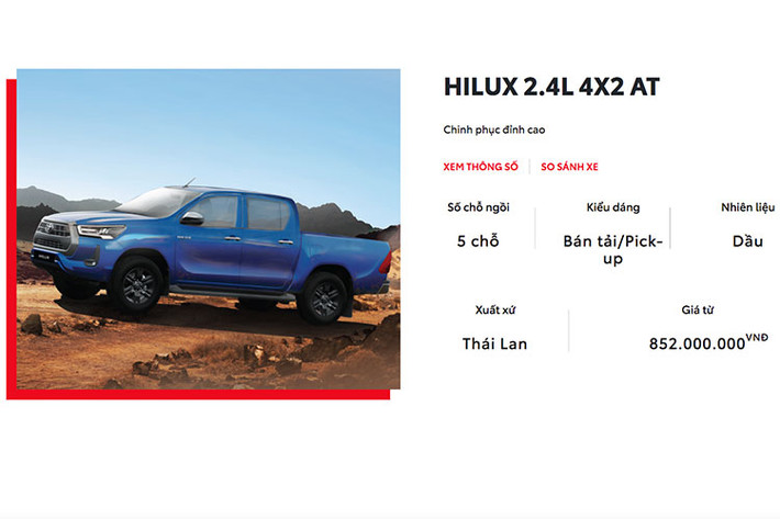 Theo đó, ở lần quay trở lại này, Toyota Hilux 2023 mới chỉ được phân phối với 1 phiên bản duy nhất là 4x2 AT. Mức giá mới của phiên bản này là 852 triệu đồng, tăng gần 180 triệu đồng so với đời cũ.
