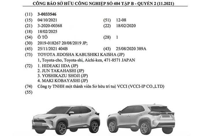 Được biết, Cục sở hữu trí tuệ Việt Nam cũng đã cấp chứng nhận bảo hộ kiểu dáng công nghiệp cho mẫu xe Toyota Yaris Cross hoàn toàn mới và thông tin này xuất hiện trong công báo sở hữu kiểu dáng công nghiệp số 404 (tháng 11/2021).