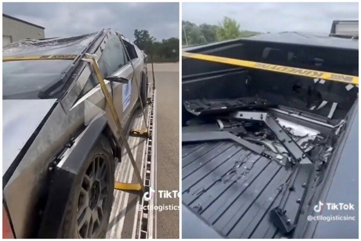 Theo video được chia sẻ trên mạng xã hội, chiếc siêu bán tải Tesla Cybertruck chạy điện bị hư hỏng một số bộ phận, khiến người xem cảm giác giống như vừa trải qua một buổi thử nghiệm lật xe.