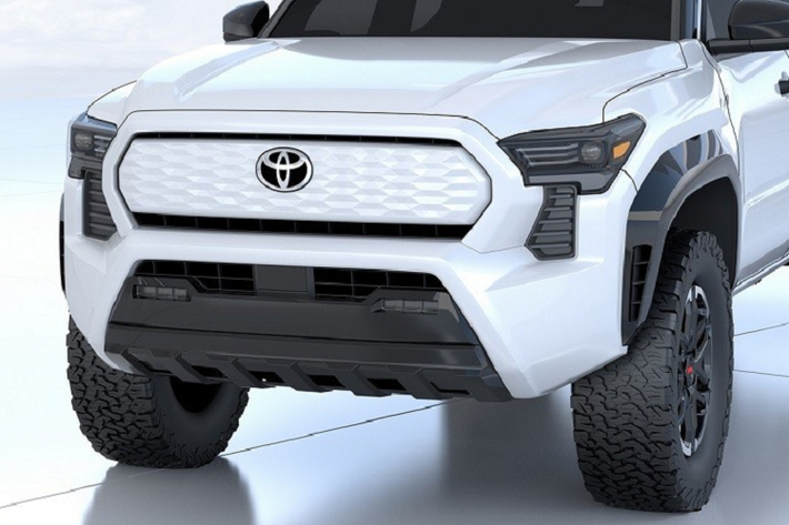 Bước sang thế hệ mới, mẫu xe bán tải Toyota Tacoma 2024 được trang bị lưới tản nhiệt hình lục giác cỡ lớn, đi kèm nẹp nằm ngang màu đen, tích hợp logo của nhà sản xuất. Bên dưới lưới tản nhiệt là hốc gió trung tâm, 2 đèn sương mù trước hình chữ nhật và tấm ốp gầm.