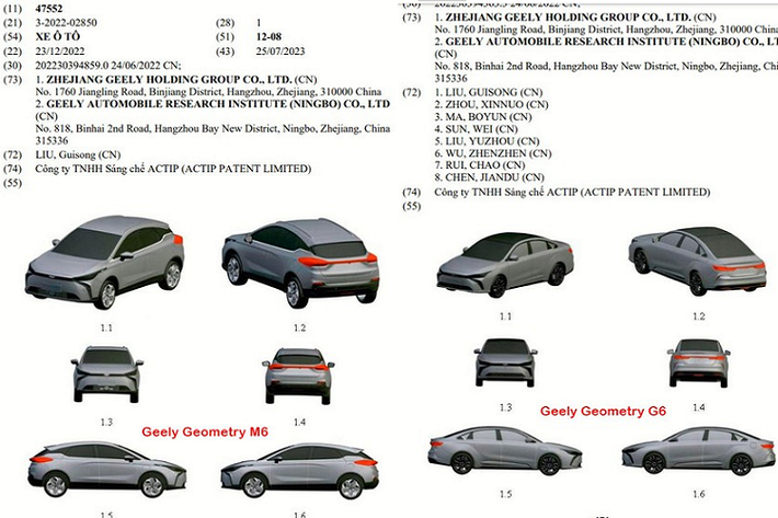 Trong năm 2023 này, tập đoàn xe Trung Quốc Geely sẽ quay trở lại thị trường Việt Nam với thương hiệu cao cấp Lynk &amp; Co. Có vẻ như không chỉ Lynk &amp; Co mà cả những mẫu xe của thương hiệu Geely cũng sẽ được phân phối chính hãng ở Việt Nam. Hình ảnh đăng ký bảo hộ kiểu dáng công nghiệp của cặp đôi ôtô điện Geely mới đã phần nào cho thấy điều đó.