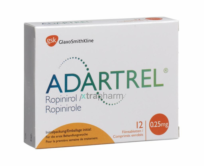 ADARTREL. Chỉ định: hội chứng chân tay bồn chồn, rối loạn giấc ngủ. Tác dụng phụ: buồn nôn, hành vi bốc đồng, ham muốn tình dục cao, ảo giác, hoang tưởng, ngất.