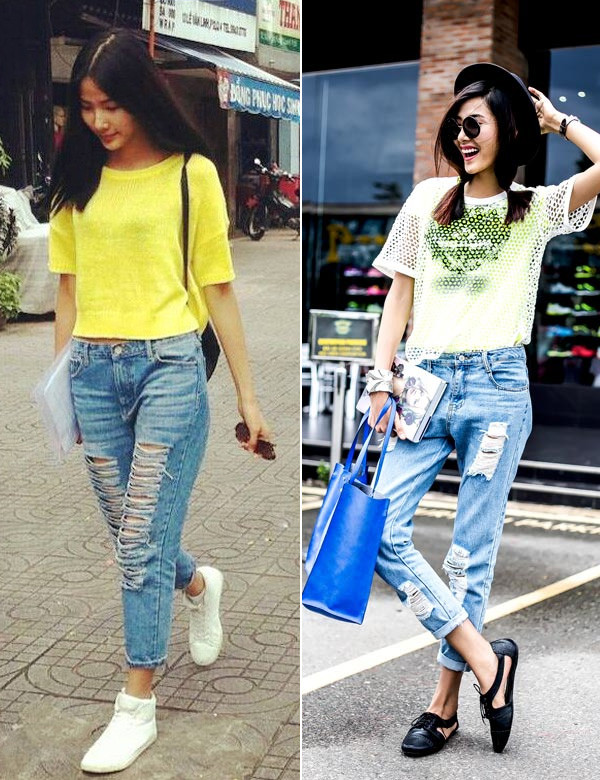 Hoàng Thùy cũng gây chú ý khi diện jeans rách xuống đường. Ảnh: media.
