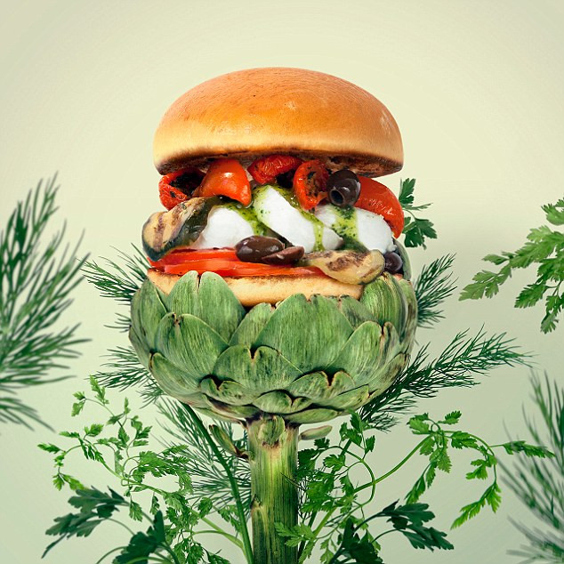 Hamburger chay với atiso, cà phua khô, olive, bí xanh nướng, thì là...