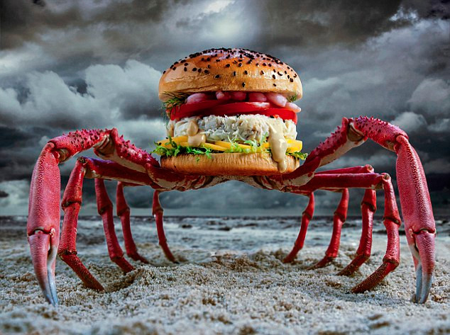 Bánh hamburger cua nhện với xoài lát, rau diếp xoăn, cà chua, tôm, chanh, thìa là, ớt và mayonnaise