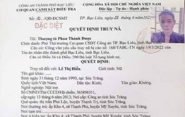 Truy nã đặc biệt Lê Thị Hiền: Ngày 4/7, Cơ quan Cảnh sát điều tra Công an TP Bạc Liêu, tỉnh Bạc Liêu đã có quyết định truy nã đối với Lê Thị Hiền (29 tuổi; tạm trú huyện Mỹ Xuyên, tỉnh Sóc Trăng). Trước đó, Hiền bị xét xử về tội "Mua bán trái phép chất ma túy" và "Tàng trữ trái phép chất ma túy". Tuy nhiên, đối tượng đã bỏ trốn vào ngày 27/5.