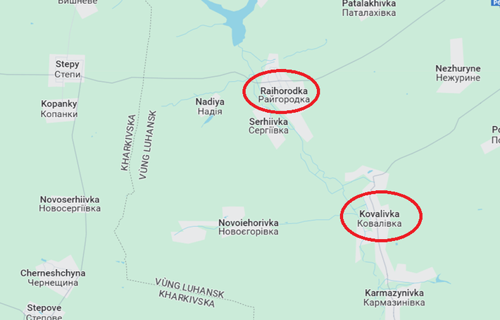 Mục tiêu đột phá được chọn là khu vực giữa Kovalivka và Raihorodka. Quân đội Ukraine tung ra Lữ đoàn tấn công số 3 thiện chiến. Nga lập tức nhận ra mức độ nghiêm trọng và vội điều quân quy mô lớn từ bờ đông sang bờ tây để giữ đầu cầu bằng mọi giá. Ảnh: Google Maps
