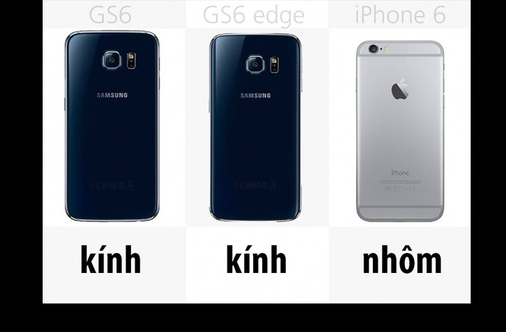 Mặt lưng: Với S6 và S6 Edge, Samsung đã từ bỏ chất liệu nhựa mà dùng kính Gorilla Glass 4 phủ lên mặt lưng tạo một cảm giác cao cấp chưa từng thấy trong các sản phẩm trước đây của hãng. Với iPhone 6, Apple vẫn trung thành với phẩm chất thiết kế nhôm nguyên khối của mình.