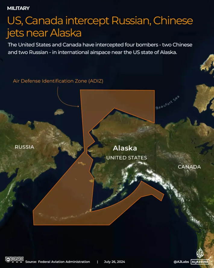Vùng nhận dạng phòng không của Alaska kéo dài 150 dặm từ bờ biển Mỹ, đóng vai trò là vùng đệm đòi hỏi máy bay phải nhận dạng.Ảnh: ADIZ Alaska (Aljazeera).