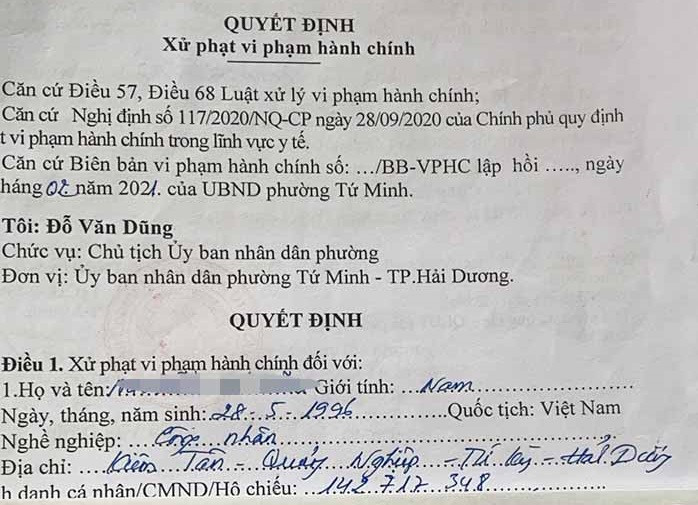 Thanh niên Hải Dương đi thăm người yêu bị phạt 1 triệu: Sáng 28/2, anh Nguyễn Chí D. (sinh năm 1996, ở xã Quảng Nghiệp, Tứ Kỳ) dừng xe. Anh D. trình bày lý do là “đi gặp bạn gái tại khu dân cư Tứ Thông, phường Tứ Minh” nhưng không trình được giấy tờ hợp lệ. Lực lượng chức năng phường Tứ Minh (TP Hải Dương) đã xử phạt anh D. 1 triệu.