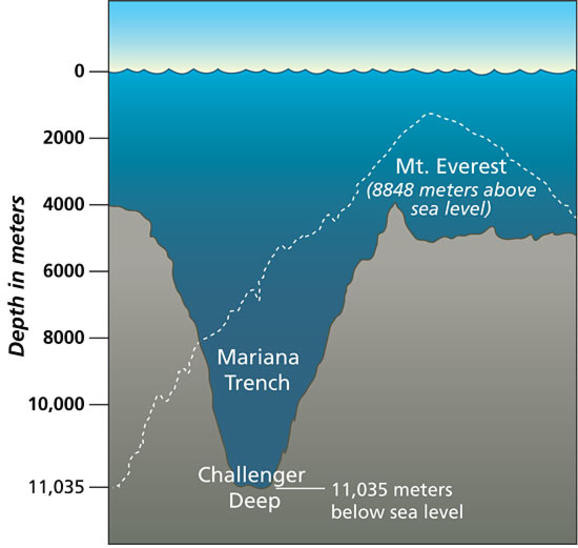 Ngược lại, nơi thấp nhất trên trái đất là Mariana Trench ở phía tây Thái Bình Dương, với chiều sâu 11033m dưới mực nước biển.