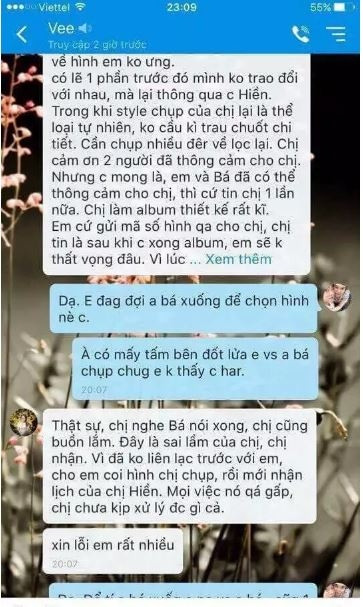 Lời chia sẻ của chị H. trên trang cá nhân về sự việc ồn ào những ngày qua Trong đó, chị H viết trên trang cá nhân rằng chị gửi lời xin lỗi đến những người thân trong gia đình bị lôi vào câu chuyện “Album quỵt tiền”. “Mọi chuyện đã đi quá xa, có lẽ bạn Vy – người trực tiếp đăng album ảnh để tố cáo H và vợ chồng em trai H có lẽ cũng không lường trước được sự việc lại đến nông nỗi này. Từ bố mẹ ruột của H, bố mẹ chồng, bạn bè, người thân đều bị cư dân mạng lôi vào chửi rủa và bôi nhọ, xúc phạm danh dự" – H viết mở đầu. Bên cạnh đó, gia đình H xác nhận chị đã không đặt cọc trước cho Vy đó là lỗi sai. Thế nhưng, H cho rằng những điều nhiếp ảnh Hồng Vy đưa ra trên facebook để tố cáo bên chị H có ý quỵt tiền chụp ảnh của Vy là hoàn toàn không đúng. Theo tờ Trí Thức Trẻ thông tin thêm từ H: "Bên phía Vy đòi thanh toán 7 triệu nhưng trong khi đó, phía mình đang thấy Vy không thật sự nhiệt tình nên mình nói gửi trước 4 triệu. Thiết nghĩ như vậy Vy sẽ làm hình cho mình chu đáo hơn. Trước những ngày đó mình có nhắn tin gọi điện thoại cho Vy nhưng Vy không hề trả lời", và sau đó là đột ngột đăng bài trên Facebook. Về phần 1600 tấm ảnh gốc, cô nhấn mạnh chính Vy là người tự đề nghị bên cô copy ảnh ra USB, chứ không phải Vy bị ép. Và 1600 tấm ảnh đó vẫn chưa được sử dụng dưới bất kỳ hình thức nào. Bên cạnh đó, trong bài đăng của mình, H có chia sẻ lại đầy đủ chi tiết 2 ngày chụp ảnh trên Đà Lạt và có thêm một số tình tiết mới: “- Vy chia sẻ gia đình chú rể muốn lên chụp sớm 1 ngày, tức là ngày 10/7, lố 1 ngày so với thỏa thuận. Nhưng chị H. cho rằng, chính Vy là người đề nghị đi test cảnh trước và chị đã đồng ý. - Suốt chuyến đi, cô dâu chú rể rất ân cần chăm sóc cho Vy, như mua thuốc say xe cho Vy, dẫn Vy đi mua sắm tại chợ đêm, chở Vy đi test cảnh sương mù vào sáng sớm, đi mua đồ chụp hình theo yêu cầu của Vy. - Vy đã cầm một ít tiền make up của cô dâu nhưng Vy đã không hề đề cập trong bài đăng của mình. - Trước khi Vy trở về Sài Gòn, chú rể có đề nghị đưa Vy 500k để đi xe nhưng Vy từ chối, muốn chờ thanh toán 1 lần cho tiện”. Trong bài viết của mình trên trang cá nhân, chị H. cũng khẳng định bên cô sẽ thanh toán cho Vy như cam kết ban đầu. Bên cạnh đó khẳng định chưa bao giờ có ý định quỵt tiền như nữ nhiếp ảnh gia đã tố cáo. Chị H chia sẻ thêm: "Vy đã quá nóng vội khi nói khách hàng quỵt tiền của mình, trong khi hai bên đang còn trong quá trình trao đổi, nhận xét và thương lượng. Như vậy rõ ràng là Vy đang cố tình xúc phạm và bôi nhọ nhân phẩm của người khác. "Mình lên tiếng duy nhất lần này không phải để chống chế hay đổ hết lỗi cho phía của Vy, mình đã nhận lỗi sai về phía mình, còn phía Vy, Vy đã để câu chuyện đi quá xa, Vy đã làm cho cả một gia đình phải bị chửi rủa, bị điều tiếng không tốt, bị doạ nạt, bị làm phiền, bị chỉ trích... Nếu từ đầu trước khi đăng bài lên facebook Vy hiểu được chuyện này và có suy nghĩ kĩ càng thì có lẽ mọi việc đã không ra đến như vầy! Vy không hề biết là mình đã sai vì đăng hình xúc phạm danh dự người khác. Đó là ảnh khách hàng. Dù muốn hay không thì phải có sự đồng ý của khách hàng". Đi kèm với những dòng status lên tiếng phản pháo những gì Hồng Vy tố cáo là không đúng sự thật, chị H. cũng đăng tải thêm những dòng tin nhắn trao đổi giữa chị và nữ nhiếp ảnh để tăng tính tin cậy.