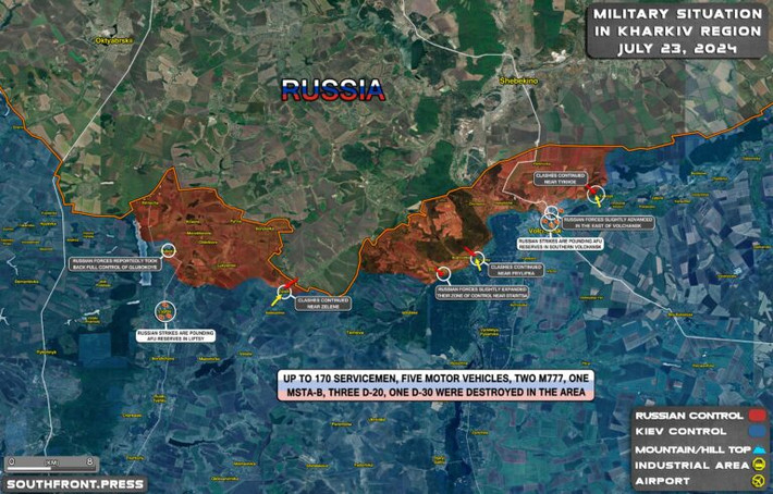 Trên hướng Volchansk ở mặt trận Kharkov, giao tranh khốc liệt trên đường phố vẫn đang tiếp diễn. Ngoài ra, các cuộc tấn công do Lữ đoàn 92 của Quân đội Ukraine và Lữ đoàn 13 của Lực lượng Vệ binh Quốc gia Ukraine phát động theo hướng Liptsy, về cơ bản đã bị quân của Cụm quân phía Bắc của Nga bẻ gãy hoàn toàn.