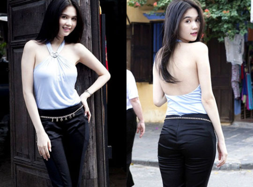Nữ hoàng đồ lót Ngọc Trinh khoe trọn tấm lưng ong trong áo yếm cách tân. Ảnh: giadinh.