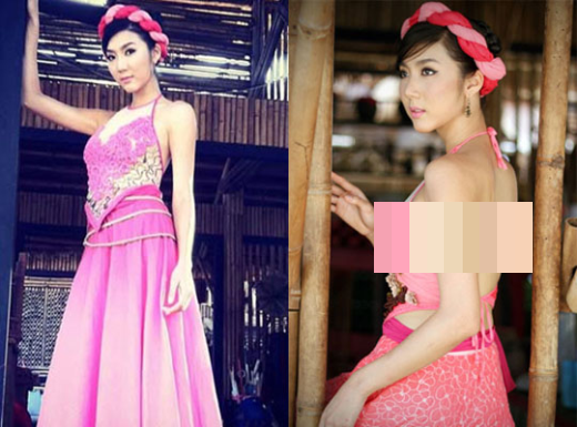 Ngọc Quyên đã diện chiếc áo yếm cách tân 'quá thiếu vải' khiến cô để lộ gần trọn vòng một từ góc nghiêng. Ảnh: congly.