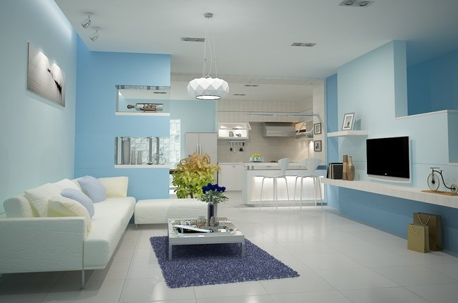 Một mẫu phòng khách được thiết kế hiện đại, đơn giản với gam màu trắng - xanh. Ảnh: Nhadep.