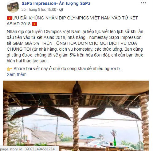 Một nhà hàng – homestay ở Sapa cũng tuyên bố giảm giá toàn bộ dịch vụ để mừng chiến thắng của Olympic Việt Nam. Ảnh chụp màn hình facebook.