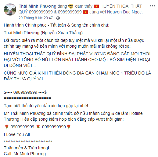Chưa hết “hot” thì ngày 29/8, anh tiếp tục chi 19 tỷ để sở hữu siêu sim 0989999999 từ một vị đại gia ở Hà Nội. Ảnh: FBNV.