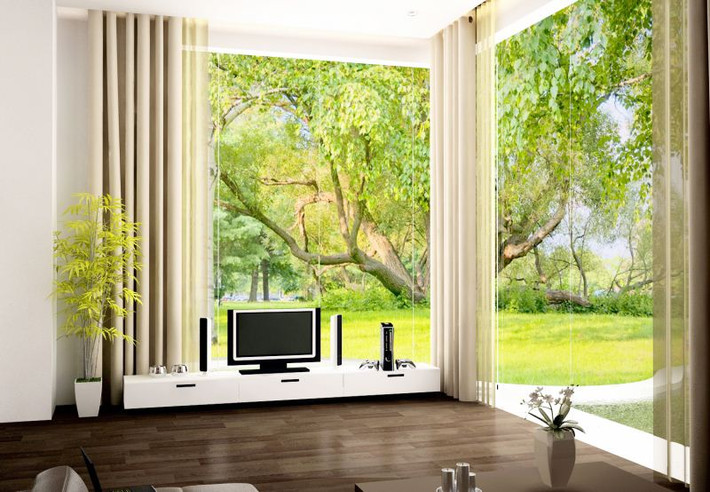 Việc kết hợp chất liệu kính trên mặt tiền đối diện với khu vườn xanh tươi đem lại hiệu ứng đẹp đến bất ngờ. Ảnh: chuyenkinhcuongluc.